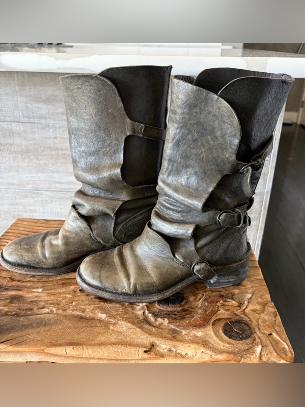 All saints Worn Gray Leather Motorcycle Boots with Buckle Detail retail $350